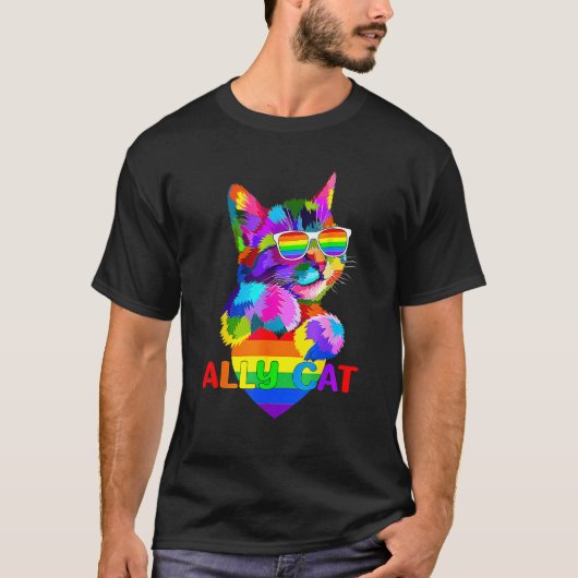 Ally Cat LGBT Gay Rainbow Pride Flag Boys Men Girl Tシャツ (正面)