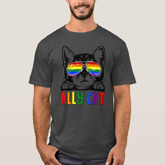 Ally Cat LGBT Gay Rainbow Pride Flag Boys Men Tシャツ (正面)