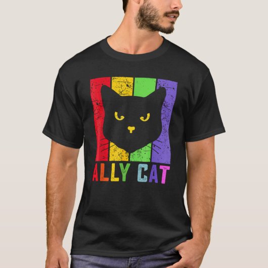 Ally Cat LGBT Gay Rainbow Pride Flag Cat Tシャツ (正面)