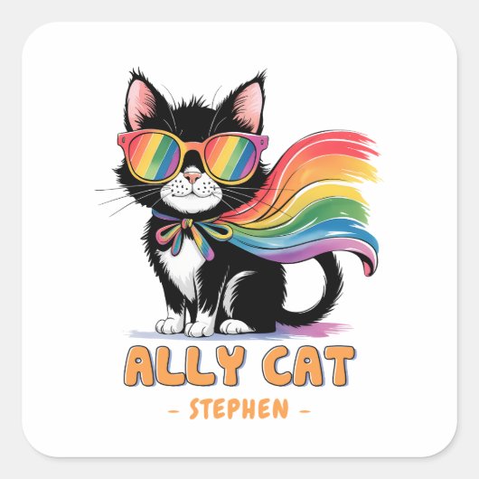 Ally Cat - Rainbow Cat LGBTQプライド スクエアシール (正面)