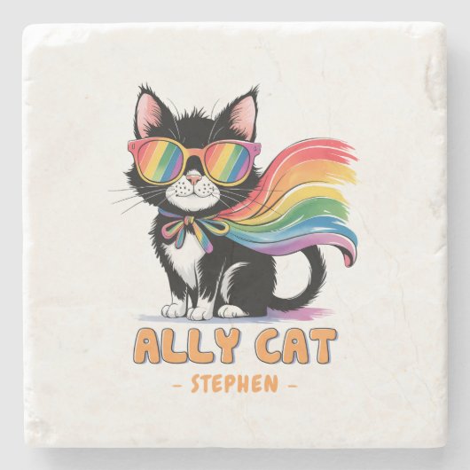 Ally Cat - Rainbow Cat LGBTQプライド ストーンコースター (正面)