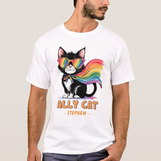 Ally Cat - Rainbow Cat LGBTQプライド Tシャツ (正面)