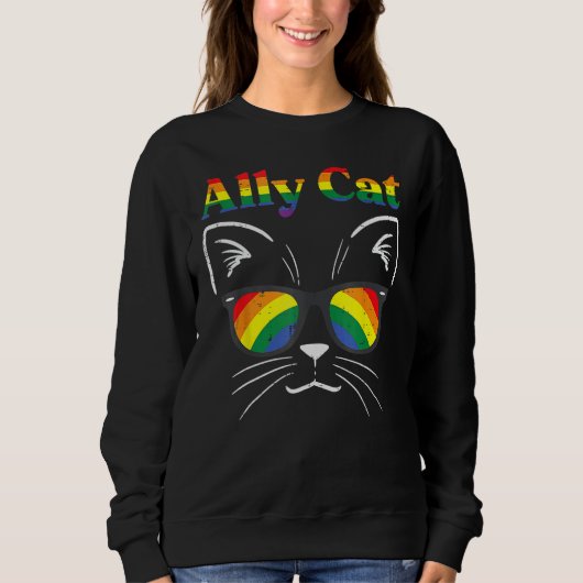 Ally Cat Sunglasses Gay Rainbow Pride LGBT Support スウェットシャツ (正面)