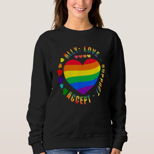 Ally Love Support Accept LGBTQ+ Rainbow Heart Gay  スウェットシャツ (正面)