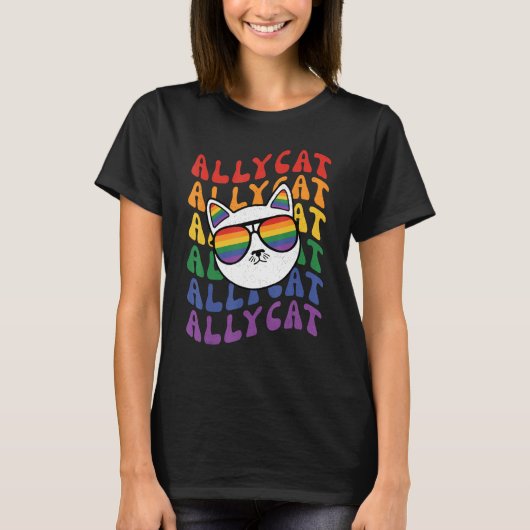 AllyCat  Ally Cat Gay Pride Rainbow Sunglasses LGB Tシャツ (正面)