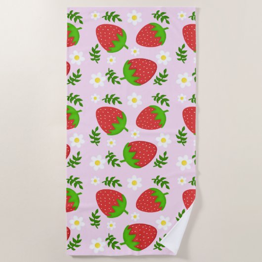 Almofada fofa design contínuo morangos fundo rosa ビーチタオル (正面)