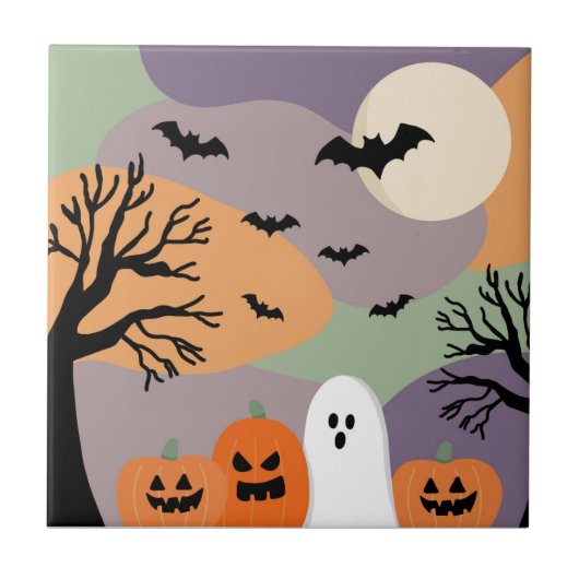 Almofada noite de halloween abóboras e fantasmas タイル (正面)