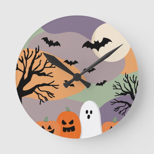 Almofada noite de halloween abóboras e fantasmas ラウンド壁時計 (正面)