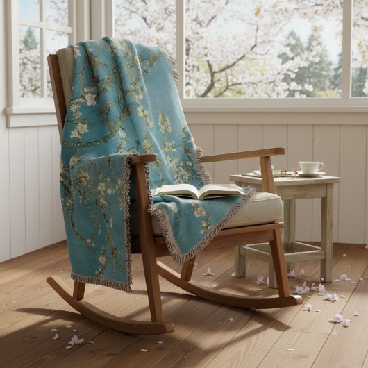  Almond Blossom Floral Boho Blue Classic Art スローブランケット