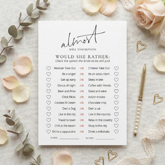 Almost Mrs Would She Rather Game Card 招待状