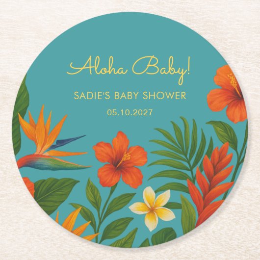 Aloha Baby! Chic Tropical Baby Shower ラウンドペーパーコースター (正面)