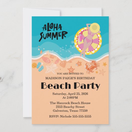 Aloha Beach Birthday Party 招待状 (正面)