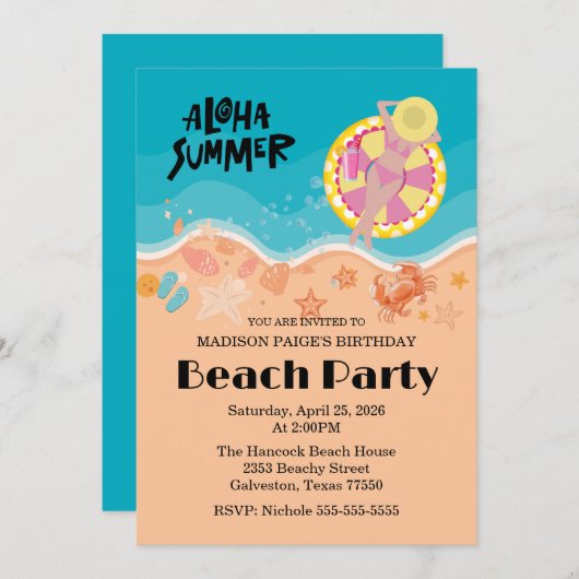 Aloha Beach Birthday Party 招待状 (正面/裏面)