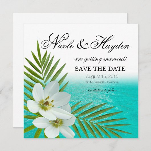 Aloha Beach Tropical Flowers Save the Date 招待状 (正面/裏面)