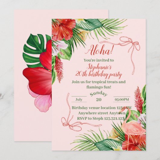 Aloha Birthday Party Invite - Cute Tropical Invite 招待状 (正面/裏面)