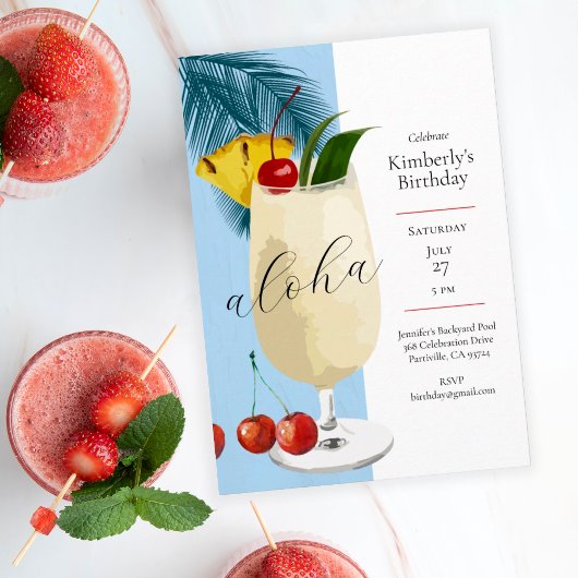 Aloha Blue Pineapple Cocktail Summer Birthday 招待状
