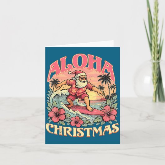 Aloha Christmas Santa Claus Surfing Hawaiian Mele カード (正面)
