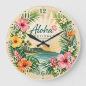 Aloha Festivals Hawaii Tropical Beach Floral ラージ壁時計 (正面)