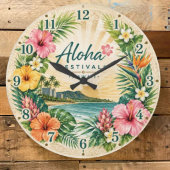Aloha Festivals Hawaii Tropical Beach Floral ラージ壁時計