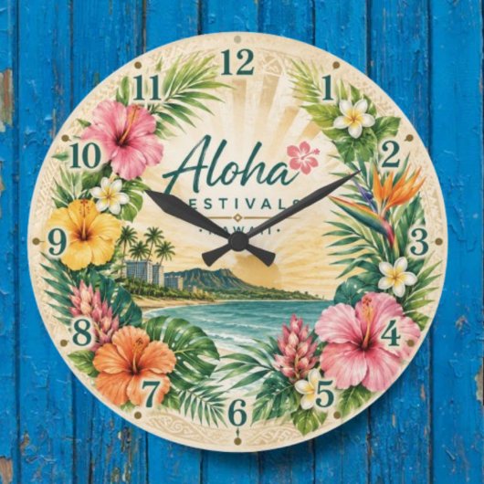 Aloha Festivals Hawaii Tropical Beach Floral ラージ壁時計