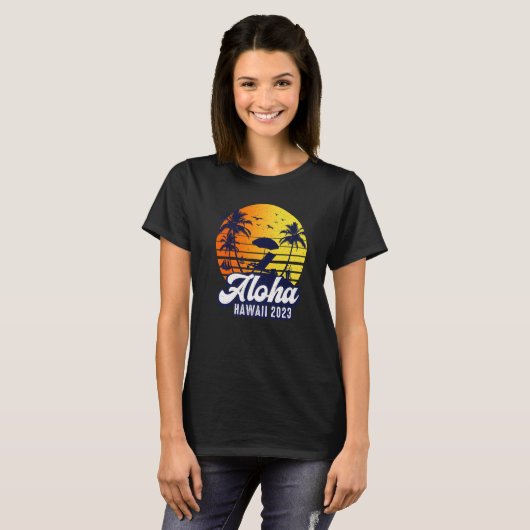 Aloha Hawaii 2023 Hawaiian Sunset Beach Retro Prem Tシャツ (正面フル)