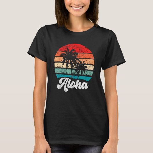 Aloha Hawaii Hawaiian Island Palm Tree Beach Retro Tシャツ (正面)
