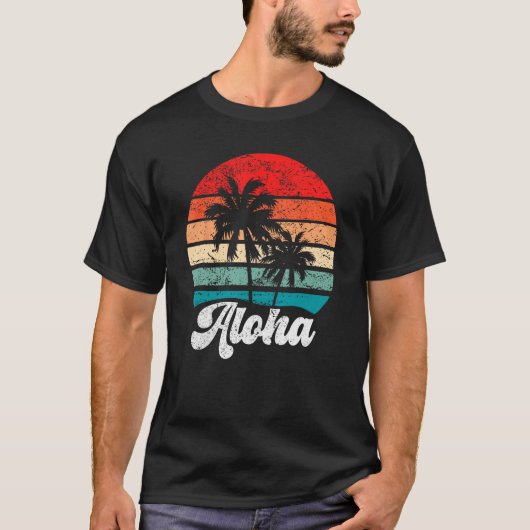 Aloha Hawaii Hawaiian Island Palm Tree Beach Retro Tシャツ (正面)