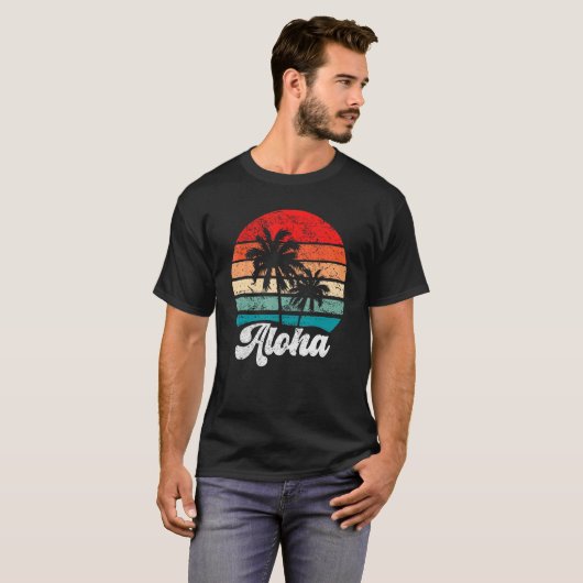 Aloha Hawaii Hawaiian Island Palm Tree Beach Retro Tシャツ (正面フル)