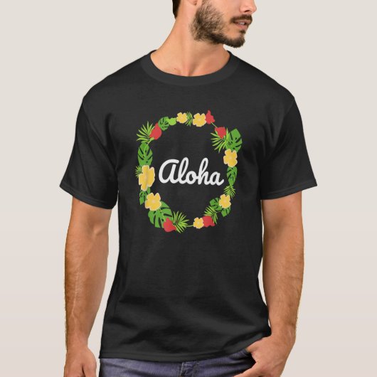 Aloha Hawaii Hawaiian Lei Flowers Tropical Leaves Tシャツ (正面)