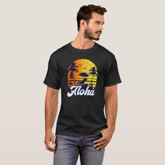 Aloha Hawaii Hawaiian Sunset Beach Retro Premium Tシャツ (正面フル)