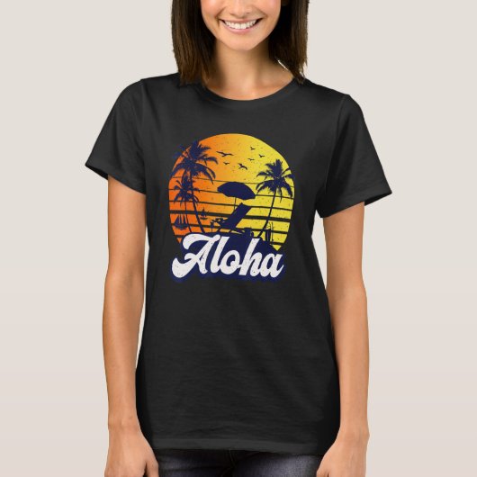 Aloha Hawaii Hawaiian Sunset Beach Retro Tシャツ (正面)