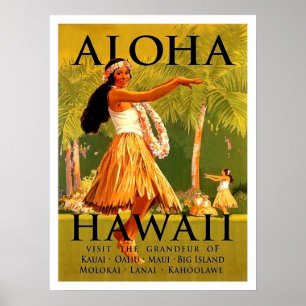 Aloha Hawaii, hula girl dance, vintage travel ポスター