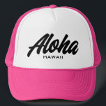 Aloha Hawaii script typography custom color キャップ<br><div class="desc">Aloha Hawaii brush script typography custom color Trucker Hat. Custom black and white baseball cap for summer, beach, casual wear, sports, travel, golf and more. Stylish hand lettering design for men and women. Available in other cool colors too. Add your own American state or text optionally. Fun Birthday gift idea...</div>