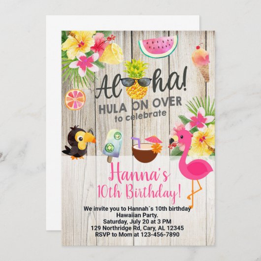 Aloha, hawaiian birthday party invite. 招待状 (正面/裏面)
