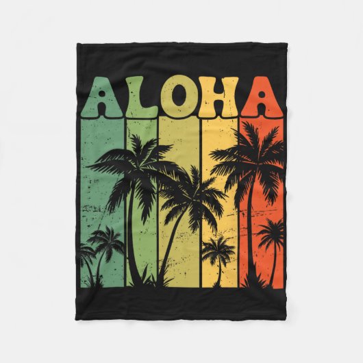 Aloha Hawaiian Island Palm Trees Surfboard Beach H フリースブランケット (正面)