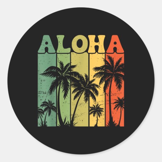 Aloha Hawaiian Island Palm Trees Surfboard Beach H ラウンドシール (正面)