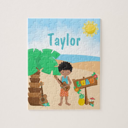 Aloha Luau Beach African American Boy Jigsaw Puzzl ジグソーパズル (縦)