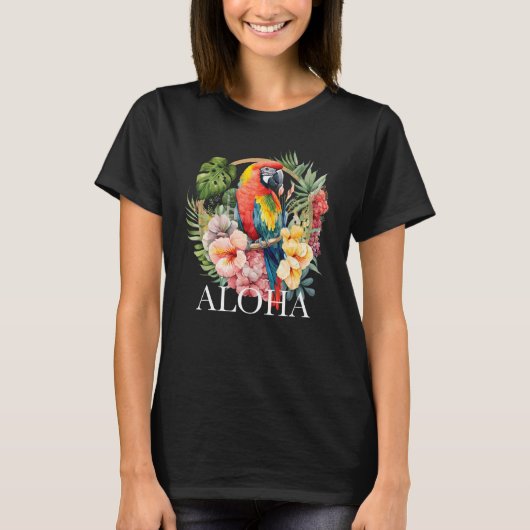 Aloha Parrot Tropical Bird Vacation Beach Flower H Tシャツ (正面)