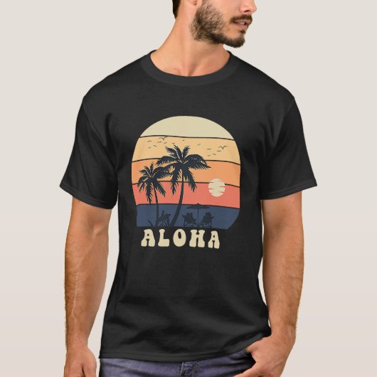 Aloha Surfing Hawaiian Vacation Sunset Palm Tree T Tシャツ (正面)