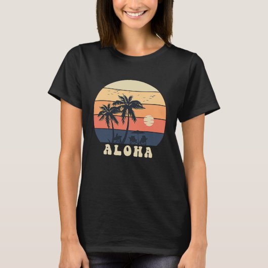 Aloha Surfing Hawaiian Vacation Sunset Palm Tree T Tシャツ (正面)