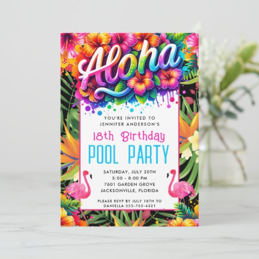 Aloha Tropical Flamingo Birthday Pool Party 招待状 (スタンド正面)