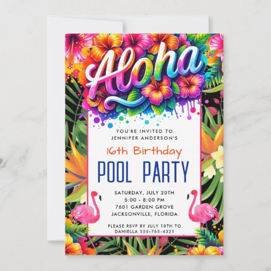 Aloha Tropical Flamingo Birthday Pool Party  招待状 (正面)