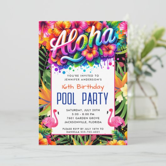 Aloha Tropical Flamingo Birthday Pool Party 招待状 (スタンド正面)
