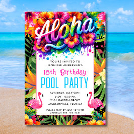 Aloha Tropical Flamingo Birthday Pool Party 招待状