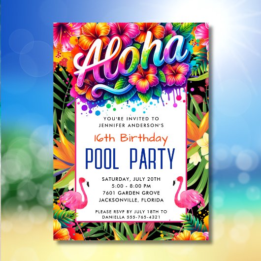 Aloha Tropical Flamingo Birthday Pool Party  招待状
