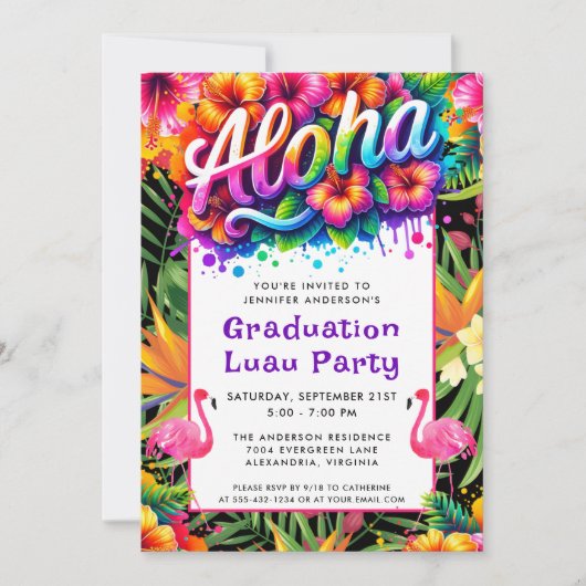 Aloha Tropical Flamingo Graduation Luau Party 招待状 (正面)