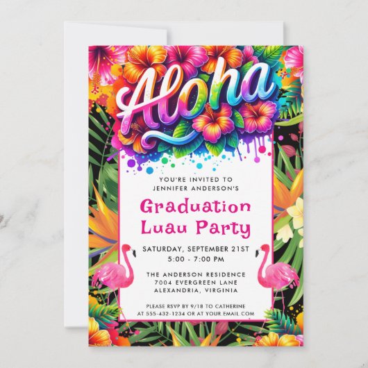 Aloha Tropical Flamingo Graduation Luau Party 招待状 (正面)