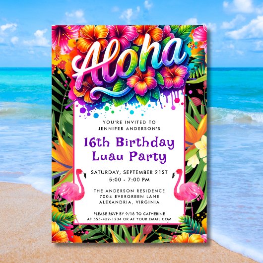 Aloha Tropical Flamingo Luau Birthday Party 招待状