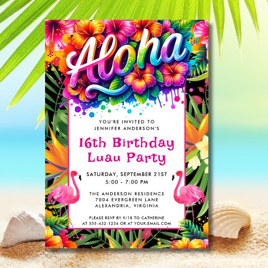 Aloha Tropical Flamingo Luau Birthday Party 招待状