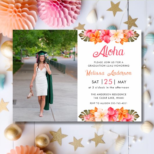 Aloha Tropical Hibiscus Floral Photo Graduation 招待状